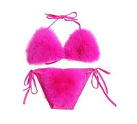 ZOSCGJMY Women's Faux Fur Halter String Triangle Bikini Sets Two Piece Swimsuits (Rose Red)