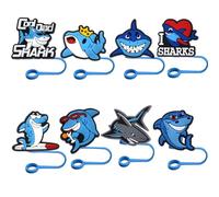 ZOSTLAND 8pcs Cute Cartoon Funny Shark Silicone Straw Cover Cap Set, Compatible with Stanley 30 oz 40 oz Tumbler Straw Topper for Cup Accessories (Shark-8pcs)