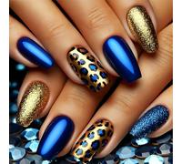 Zosutetoxo 24-Pack Gold and Blue Leopard Nails Medium Square Press On Nails with Glitter Design, Blue Leopard Print False Nails for Women Manicure