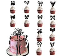 Zosutetoxo 25 Piece Happy Birthday Bow Cake Decoration Set, 12 Black Bow Cake Toppers with Birthday Sign for Vintage Party Decor for Girls and Women