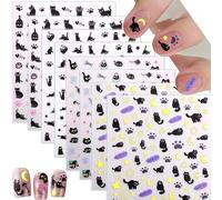Zosutetoxo 8 Sheets Black Cat Nail Stickers Self-Adhesive Cat Nail Designs with Paw Prints Stars Moon Fish Cute Cartoon Manicure Stickers