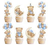 Zosutetoxo Cupcake Topper Set 36 Pieces Blue Bear Cake Decoration Baby Shower Boy Muffin Decor Teddy Bear with Balloon Moon Heart for Gender Reveal 1st Birthday Christening