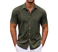 Zothiazo Cuban Shirts for Men, Short Sleeve Guayabera Shirts Lightweight Beach Tops Turn-Down Collar Summer Shirt Loose Fit Button Down Holiday Tops Solid Color Regular Fit Mexico Casual Shirt