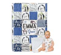 ZOTIMEF Personalized Baby Blanket - Custom Name with Animals Plaid Design - Patchwork Soft Plush Throw Blanket with Double Layer Dotted Backing for Boys Girls Gifts Color18-Penguin
