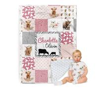 ZOTIMEF Personalized Baby Blanket - Custom Name with Animals Plaid Design - Patchwork Soft Plush Throw Blanket with Double Layer Dotted Backing for Boys Girls Gifts Color22-Highland Cow