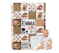 ZOTIMEF Personalized Baby Blanket - Custom Name with Animals Plaid Design - Patchwork Soft Plush Throw Blanket with Double Layer Dotted Backing for Boys Girls Gifts Color12-Highland Cow