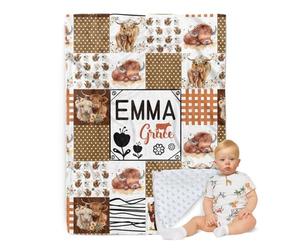 ZOTIMEF Personalized Baby Blanket - Custom Name with Animals Plaid Design - Patchwork Soft Plush Throw Blanket with Double Layer Dotted Backing for Boys Girls Gifts Color12-Highland Cow
