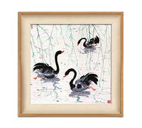 ZoTuoART Landscape Chinese Ink Painting by Wu Guanzhong With Frame Square 10x10inches GICLEE Canvas Art Prints for Wall Mounting and Tabletop Display - Black Swans