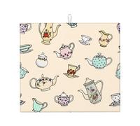 Zouey Absorbent Dishes Drainer Mats,Dish Drying Pad Kitchen Counter Sink Mat 41X46 cm,Hand Drawn Vintage Tea Pots