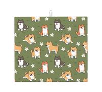 Zouey Absorbent Dishes Drainer Mats,Dish Drying Pad Kitchen Counter Sink Mat 41X46 cm,Shiba Inu Dog Pattern Flower Green Background
