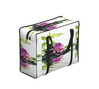 Zouey Reusable Foldable Shopping Bag Grocery Bags, Portable Laundry Bags with Zips & Strong Handle,Asian Wellness With Zen Massage Stones Purple Orchid