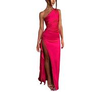 ZouoYYii Apricot Backless Satin Maxi Dress for Women Summer One Shoulder Split Bodycon Party Long Dress Red S