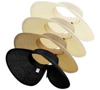 Zourglow 4 Pcs Foldable Straw Sun Visor Hats Women, Straw Roll-Up Ponytail Summer Beach Hat with Wide Brim, Sun Visors for Women, for Travelling, Black Khaki Cream Beige