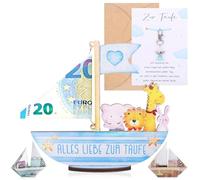 Zourglow Christening Gifts for Girls and Boys, Money Gift for Christening, Ark, Wood with Guardian Angel, Christening Card & Angel Keyring, Noah's Ark, Wood, DIY Name with Base, Blue