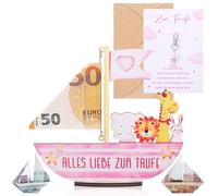 Zourglow Christening Gifts for Girls, Money Gift for Christening, Ark, Wood with Guardian Angel, Christening Card & Angel Keyring, Noah's Ark, Wood, DIY Name with Base, Pink