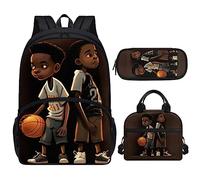 ZOUTAIRONG African Boy School Backpack Basketball Lunch Box Kids Pencil Case,Elementary Primary Student School Bags Age 6-8/10-12/14-16 Year Old Magic Black Boys