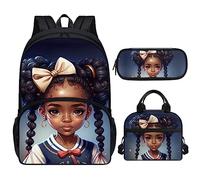 ZOUTAIRONG African Girl Backpack Set with Lunch Box 3 in 1 Girl Magic American Afro Lunch Bag Pencil Case Kids School Book Bags for 2Nd/3Rd/4Th/5Th Grade Blue