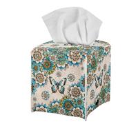 ZOUTAIRONG Butterfly Tissue Box Covers Leather Tissue Box Holder Square Tissue Cube Organizer for Bathrooms, Office, Car, Nightstand, Outdoor Tent, Dining Table Tissue Cover Boho Flower Mandala Lotus