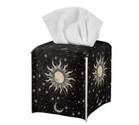 ZOUTAIRONG Galaxy Tissue Box Cover Sun Moon and Star Tissue Box Holder Square Kitchen Tissue Holder Leather Cube Tissue Case Cover with Bottom Belt Tissue Case Modern Bathroom Accessories Black