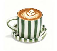 Zouwel Ceramic Coffee Mug, Large Hot Chocolate Mugs 8oz Novelty Mug with Saucer, Cute Pottery Tea Cup Hand-Painted Striped Art Multiple Use for Kitchen, Office(Green)