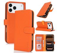 Zouzt Case for iPhone 17 Pro Max Genuine Leather Wallet Case with 4 Card Slot, RFID Blocking Card Holder Magnetic Flip Folio Shockproof Phone Cover Women Men for iPhone 17 Pro Max- Orange