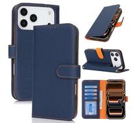 Zouzt Case for iPhone 17 Pro Max Genuine Leather Wallet Case with 4 Card Slot, RFID Blocking Card Holder Magnetic Flip Folio Shockproof Phone Cover Women Men for iPhone 17 Pro Max- Blue & Orange