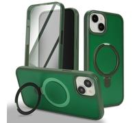 Zouzt for iPhone 15 Matte Case and Screen Protector 15 Case with Glass Screen Protector 360 Full Body Protective Shockproof Frosted Stand Phone Case, Anti-Fingerprint - Dark Green