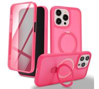 Zouzt for iPhone 15 Pro Matte Case and Screen Protector 15 Pro Case with Glass Screen Protector 360 Full Body Protective Shockproof Frosted Stand Phone Case, Anti-Fingerprint - Rose Red