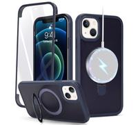 Zouzt Matte Case for iPhone 13 Mini 5.4" with Screen Protector, Glass Screen Protector 360 Full Body Protective Shockproof Frosted Stand Phone Case for iPhone 13 Mini, Anti-Fingerprint - Navy Blue