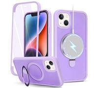 Zouzt Matte Case for iPhone 14/13 6.1" with Screen Protector, Glass Screen Protector 360 Full Body Protective Shockproof Frosted Stand Phone Case for iPhone 13/14, Anti-Fingerprint - Light Purple