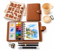 Zovetta Travel Watercolour Paint Set with Pocket Sketchbook - 18 Colours, 100% Cotton Paper 24 Sheets, Water Brush Pen & Fineliner, PU Leather Art Journal, Collapsible Cup & Canvas Bag for Painting