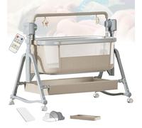Zowdrix Electric Bedside Crib Baby Swing Cot, Breathable Mesh, Safe & Stable Design, Wheels & Storage Basket, for 0-24 Months Baby Khaki-C