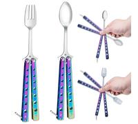 ZOWZOW Butterfly Fork and Spoon Stainless Steel Set 2 Pcs, Reusable Spork for Travel Camping Hunting Outdoor Kitchen(Purple), CS-01-HDCS