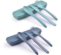 Zoyiancy 2 Sets Reusable Cutlery Set with Case, Travel Fork Knife Spoon Set, Portable Plastic Cutlery Set for Picnic School Office Lunch (Blue, Green)