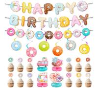 Zoyiancy 24Pcs Donut One Sweet Birthday Party Decorations , Table Centerpieces Party Supplies with Colorful Banner, Honeycomb Doughnut Sign Decor for Baby Shower