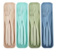 Zoyiancy 4 Sets Travel Reusable Cutlery Set with Case, Portable Fork Knife Spoon Set, Plastic Utensils Set for Picnic School Office Lunch Camping (Light Beige, Mint Green, Light Green, Light Blue)