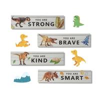Zoyiancy 4PCS Dinosaur Sign for Wall, Wooden Hanging Signs Positive Plaque, Watercolor Dinosaur Motivational Art Bedroom Decor for Boys Girls