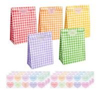 Zoyiancy 60 PCS Paper Party Bags, 5 Colors Plaid Kraft Gift Bags with 60 Stickers, Colored Flat Bottom Bag for Halloween Christmas Birthday Wedding (22 x 14 x 7.8 cm)