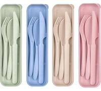 Zoyiancy Travel Reusable Cutlery Set with Case, Portable Fork Knife Spoon Set, Plastic Utensils Set for Picnic School Office Lunch Camping (4 Sets) (Large)