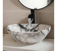 Zoyueyu Oval Vessel Sink 16"x13" White Ceramic Bathroom Sink with Waterfall Faucet and Pop-up Drain Bowl Sink White Black Marble Bathroom Sinks Above Counter