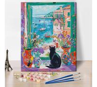 ZOZHI Adults Paint by Numbers Kits Animals Black Cat Paint-by-Numbers DIY Seaside Town Oil Painting Beautiful Colorful Sailboat Flowers Scenery Painting Artwork 16x20 Inch