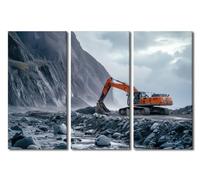 ZOZHI Black and White Canvas Wall Art for Men Orange Excavator Work Poster Wall Art 3 Panel Excavator Prints Artwork for Office Wall Art Decoration Stretched and Framed Ready to Hang 42x28 Inch