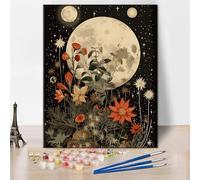 ZOZHI Flower Moon Adult Paint by Number - Black Background, Beginner Easy Painting, Retro Style, Family Friend Gift, 16x20 Inch