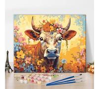 ZOZHI Highland Cattle Paint by Numbers DIY Garden Paint by Numbers Art Cow Wearing Flowers Pattern on Canvas Adult Paints by Numbers for Bedroom Decor 16x20 Inch