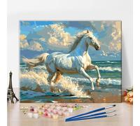 ZOZHI White Horse Paint by Numbers Kits for Adults DIY Animals Paint by Numbers Kits Horse Running by The Seaside Painting Artwork Prints on Canvas Sea Seagull Scenery Paint by Numbers 16x20 Inch