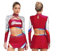 ZPFDSG Cheerleading Outfit Womens Shiny Rhinestone Cheerleader Costume Cheerleading Uniform School Girls Cosplay Outfits Crop Tops With Dance Skirt Set(Deep red,XXL)