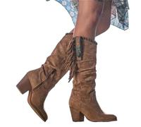 ZPFDSG Ladies Cowboy Boots Women High Boots Trend Retro Metal Buckle Pointed Toe Thick Heel Tassle Western Cowboy Boots Female Shoes(Brown,34)