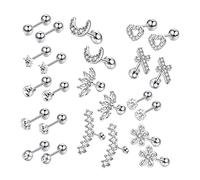 ZPGVWXKO 24-piece Earring Set, Flat Back, Flower, Stainless Steel, Small Disc, Ball, for Earlobes and Men, Silver