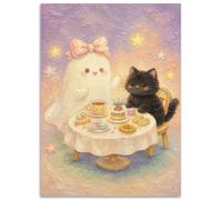 zphvaqd Cute Bow Ghost Black Cat Tea Party Canvas Wall Art, Soft Pastel Macaroon Style Halloween Poster, Sweet Cartoon Spooky Picture Artwork, Lovely Kitchen Cafe Cozy Wall Decor 12x16in Unframed