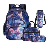 ZPINXIGN 4-in-1 Kids Backpack with Lunch Box Set for Elementary School Student Pencil Case, Galaxy Wolf, One Size, Travel Backpacks